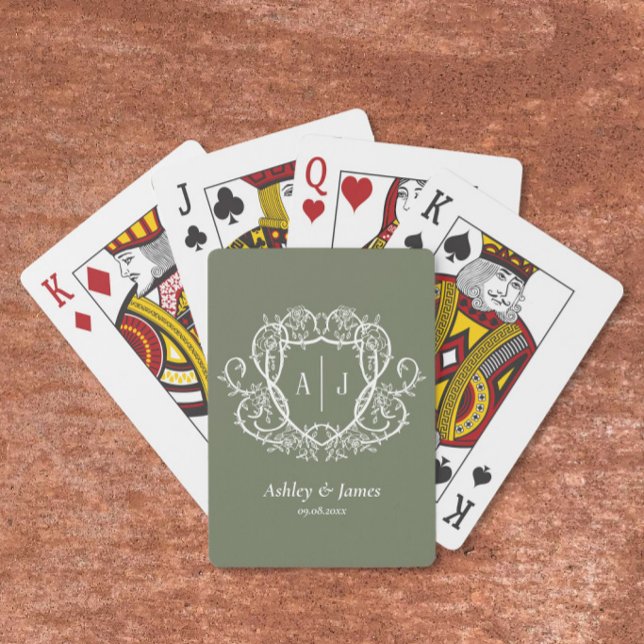 Baroque Botanical Sage Monogram Crest Wedding Playing Cards (Creator Uploaded)