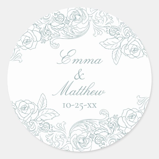 Baroque Circular Dusty Blue Wedding Logo Classic Round Sticker (Front)