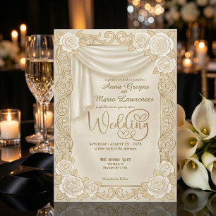 Baroque Cream Rose Faux Gold Foil Diamond Wedding Invitation