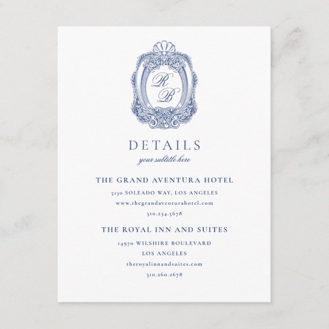 Baroque Crest French Blue Antique Wedding Enclosure Card (Front)