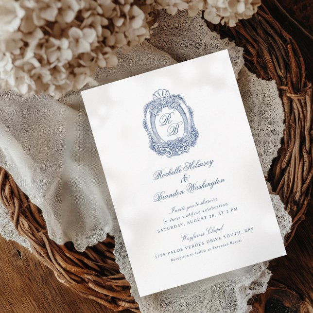 Baroque Crest French Blue Antique Wedding II Invitation (Creator Uploaded)