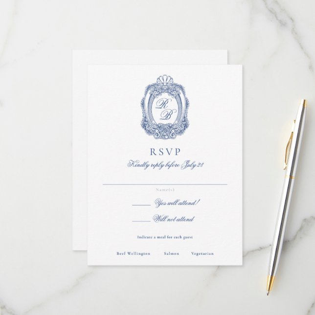 Baroque Crest French Blue Antique Wedding RSVP Card (Front/Back In Situ)