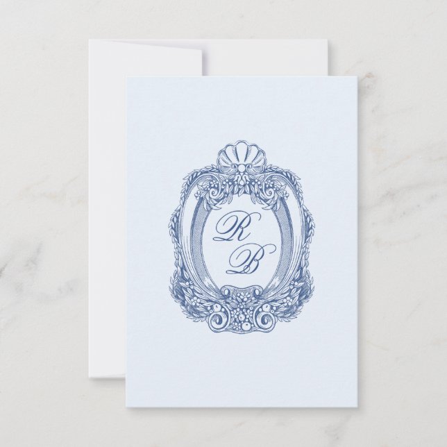 Baroque Crest French Blue Initials Wedding Card (Front)