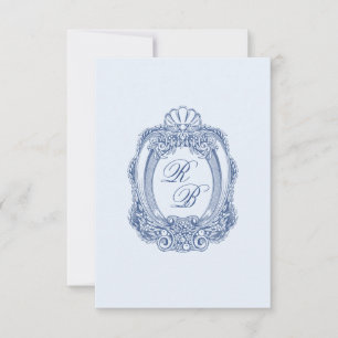 Baroque Crest French Blue Initials Wedding Card