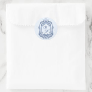 Baroque Crest French Blue Initials Wedding Classic Round Sticker