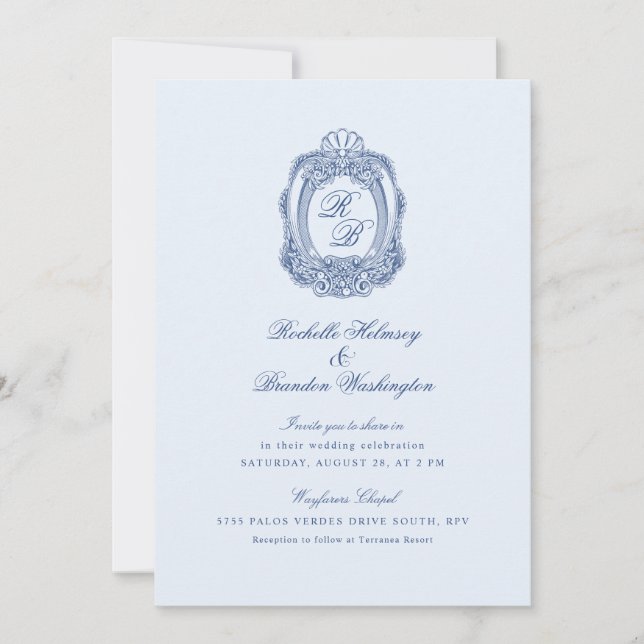 Baroque Crest French Blue Wedding II Invitation (Front)