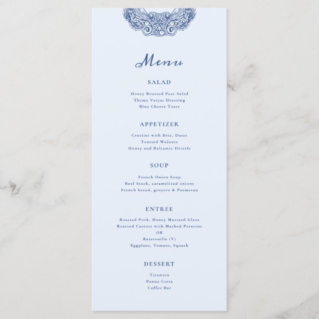 Baroque Crest French Blue Wedding Menu (Front)