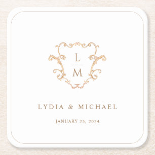 Baroque Crest   Monogram Wedding Welcome Square Paper Coaster