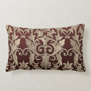 Baroque Damask Brocade Cream Beige on Burgundy Lumbar Cushion