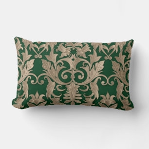 Baroque Damask Brocade Creamy Beige on Green Lumbar Cushion