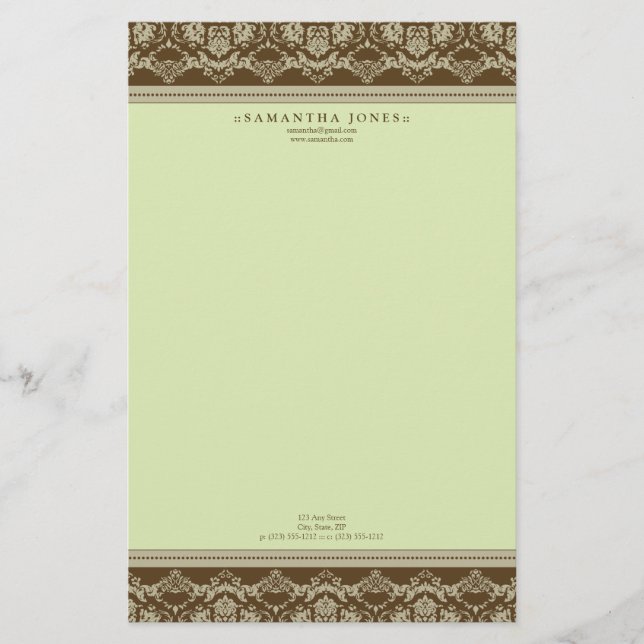 Baroque Damask Designer Stationery :: sage (Front)