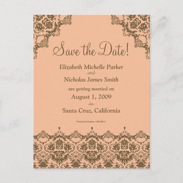 Baroque Damask Orange Lace Save the Date Postcard (Front)