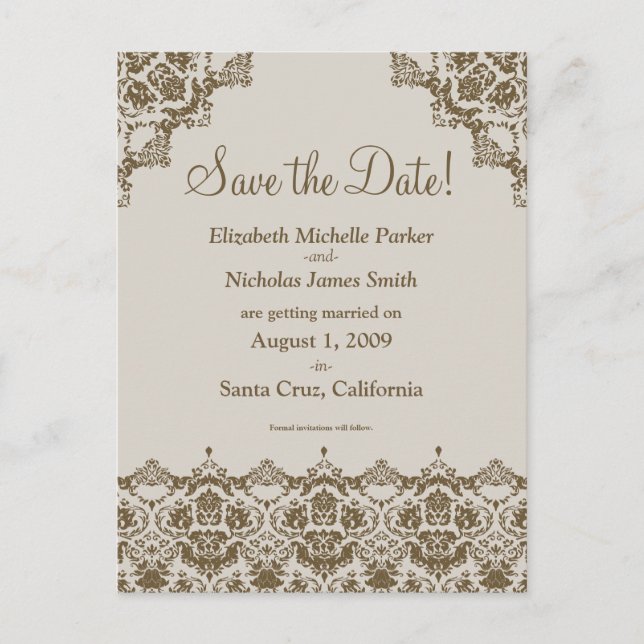 Baroque Damask Sepia Lace Save the Date Postcard (Front)