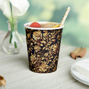 Baroque Elegance: Black and Gold Floral Rococo Paper Cups