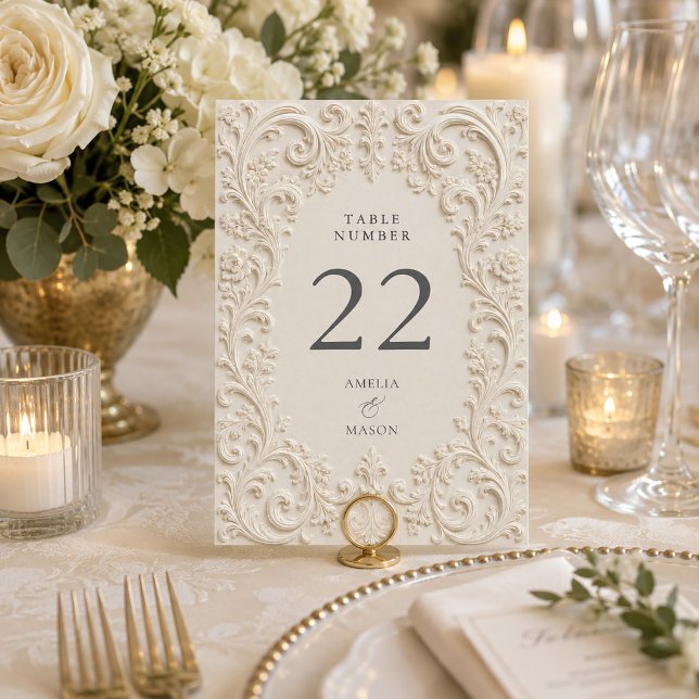 Baroque Elegant Ivory Floral Scrollwork Wedding Table Number (Baroque Elegant Ivory Floral Scrollwork Wedding Table Number)