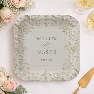 Baroque Embossed Style Scroll Floral Wedding Paper Plate