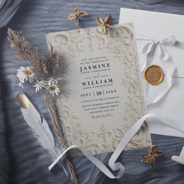 Baroque Embossed Vintage Elegant QR Code Wedding Invitation (Creator Uploaded)