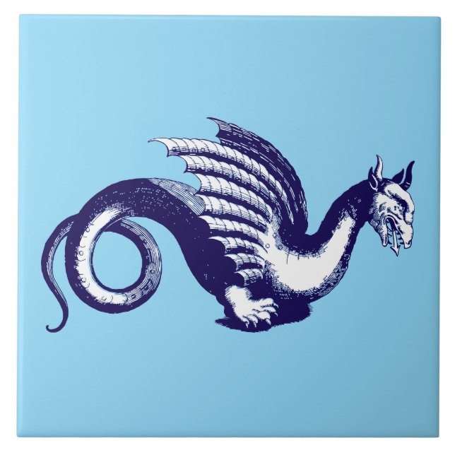 Baroque Era Blue & White Mediaeval Dragon Tile (Front)