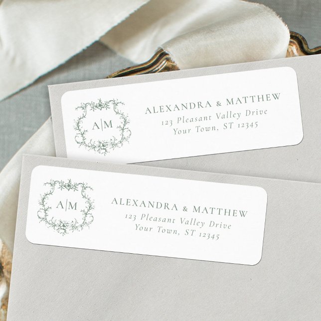 Baroque Floral Crest Green Wedding Return Address (Creator Uploaded)