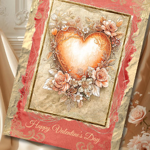 Baroque Floral Heart in Gold and Blush Tones Holiday Card