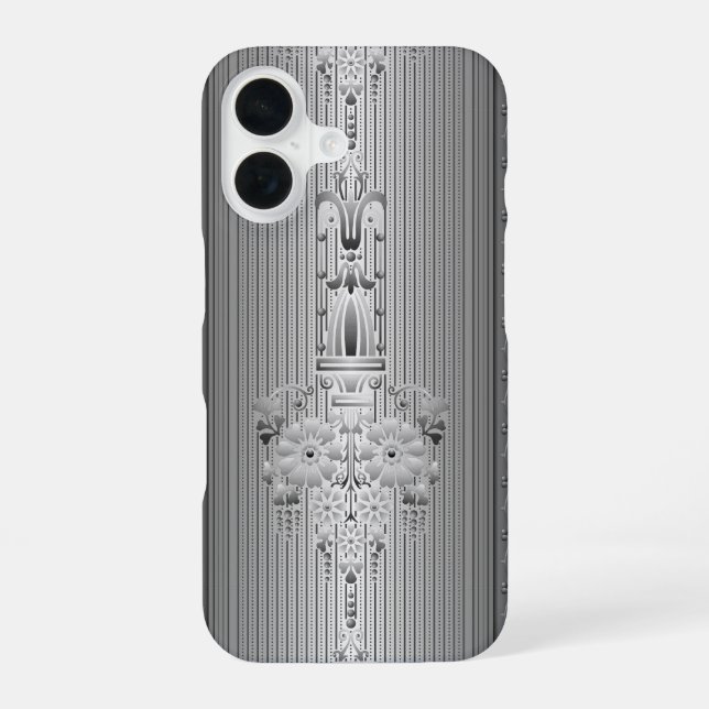 Baroque floral pattern with border grey iPhone 16 case (Back)