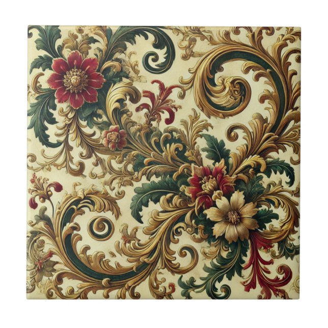 Baroque Floral Pattern with Gold, Red, Green A Tile (Front)