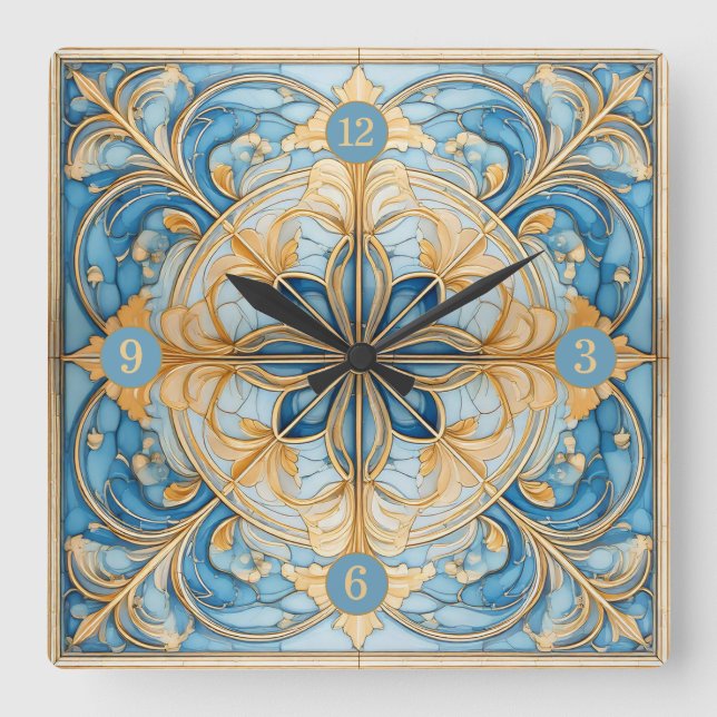 Baroque Floral Tile Pat#19 Aqua Blue Gold ID1078 Square Wall Clock (Front)