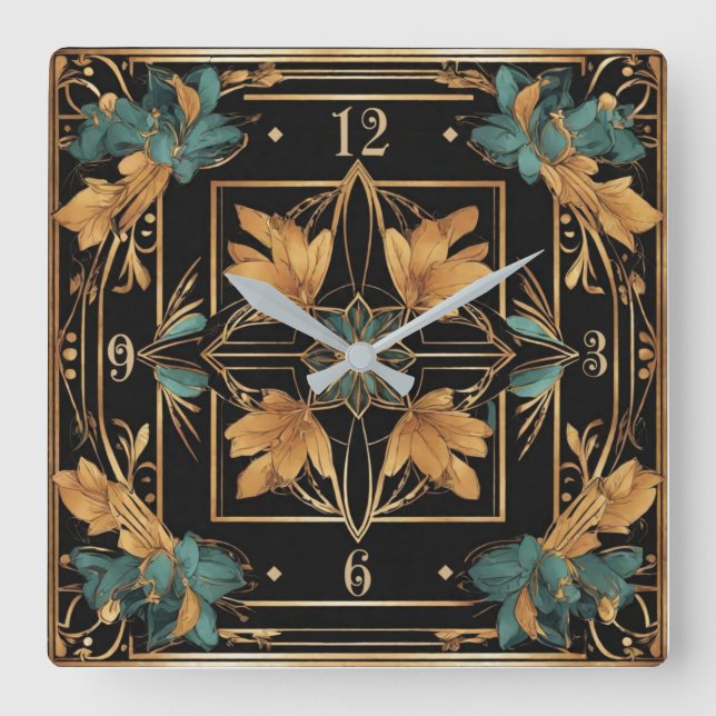 Baroque flower square wall clock (Front)