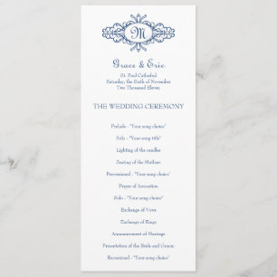 Baroque frame monogram navy blue wedding program programme