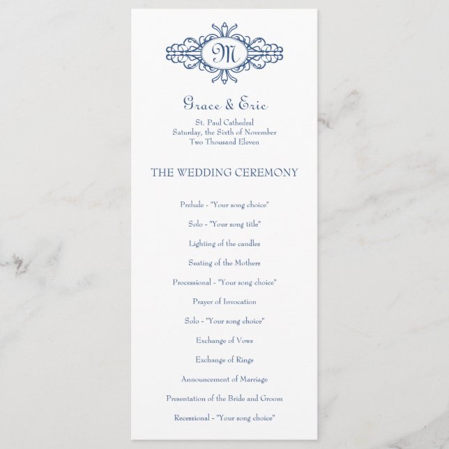 Baroque frame monogram navy blue wedding program programme (Front)