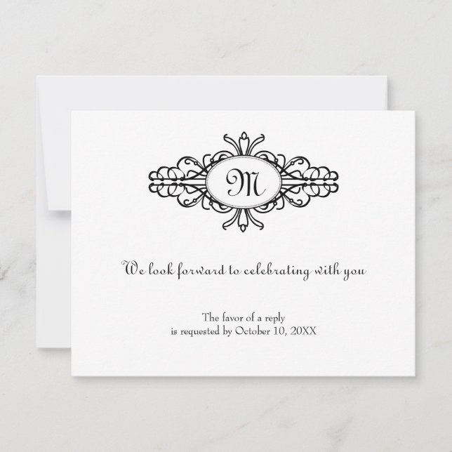 Baroque frame monogram wedding rsvp response card (Front)