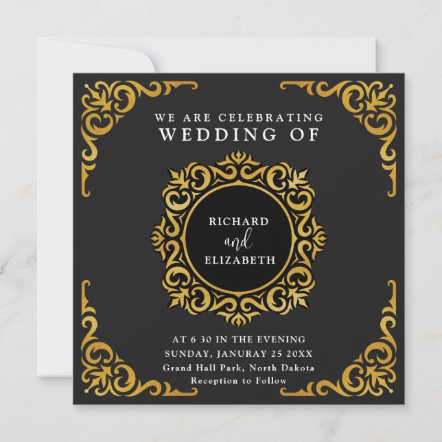 Baroque Frame Royal Black and Gold Ornamental Invitation (Front)