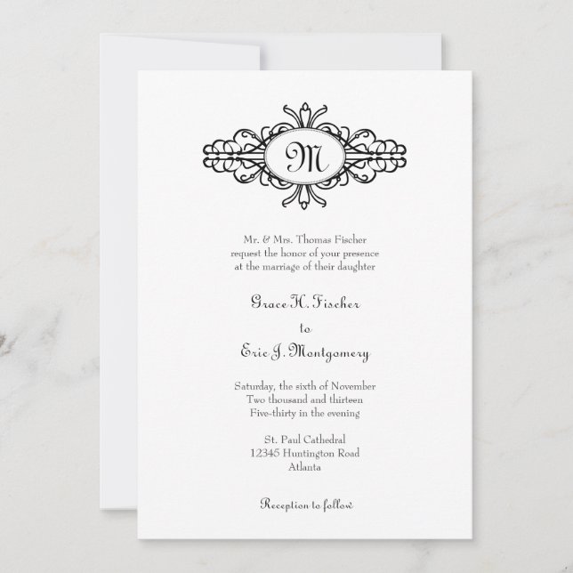 Baroque frame single monogram black white wedding invitation (Front)