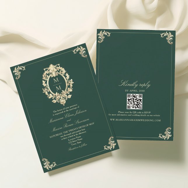 Baroque Gold and Emerald Green Wedding Invitation (Creator Uploaded)