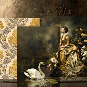 Baroque Gold Damask Lady Swan Portrait Set Wrapping Paper Sheet