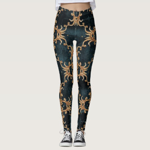 Baroque gold elements, dark teal seamless. leggings