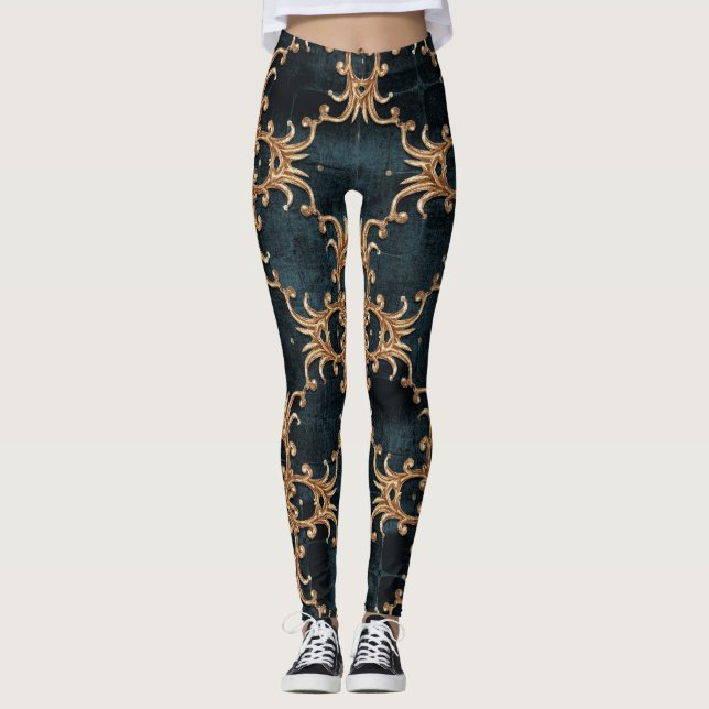 Baroque gold elements, dark teal seamless. leggings (Front)
