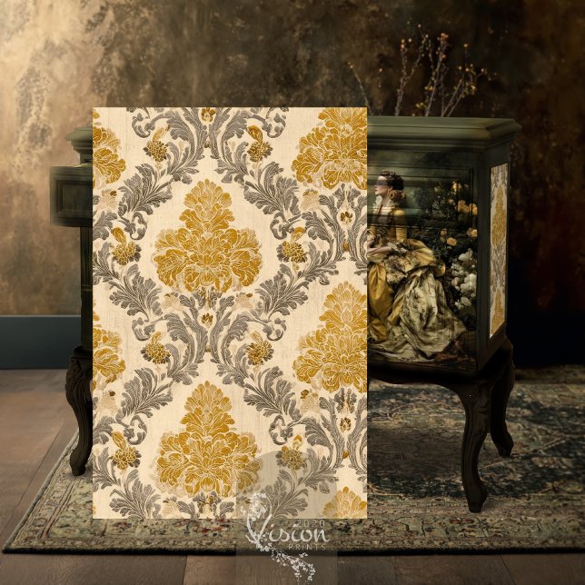Baroque Gold Gray Damask Repeat Pattern Design Tissue Paper (Gold grey damask print and baroque lady portrait styled on dark ornate vintage cabinet)