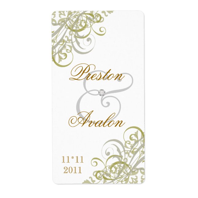 Baroque Gold Scroll White Wedding Wine Label (Front)