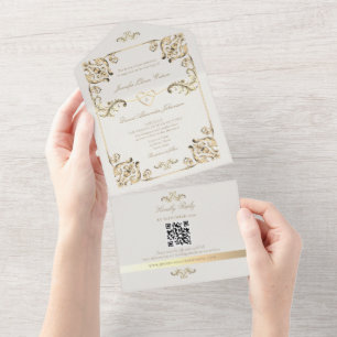 Baroque Gold Wedding QR Code All In One Invitation