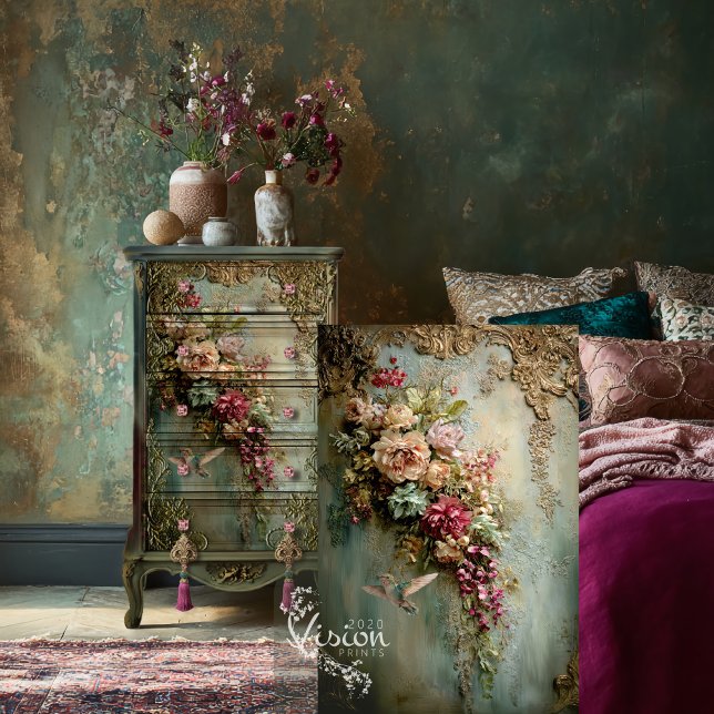 Baroque, Hummingbird & Ethereal Floral  Tissue Paper (Muted Teal and Fuchsia Pink Hummingbird & Floral, Baroque Patina Decoupage Tissue Paper.)