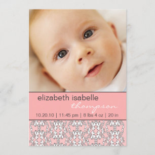 Baroque in Pink Baby Girl Photo Announcement