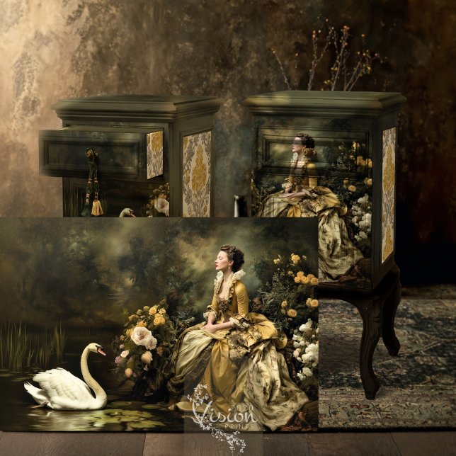 Baroque Lady Swan Gold Floral Landscape Scene Tissue Paper (Baroque lady and swan landscape print displayed on dark ornate vintage cabinet moody room)