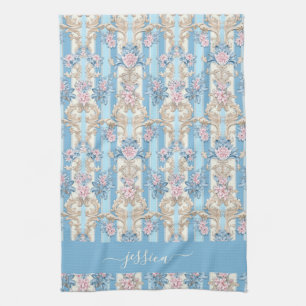 Baroque light blue script name tea towel