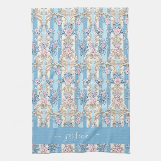 Baroque light blue script name tea towel (Vertical)