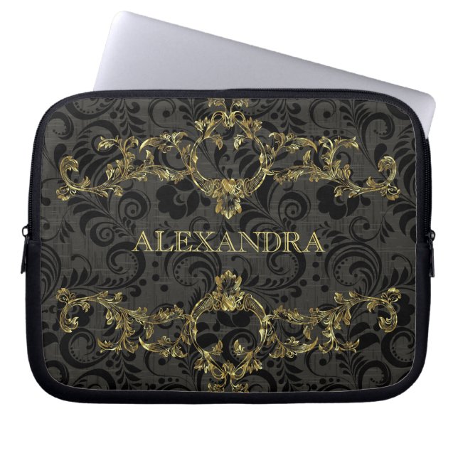 Baroque Ornate Gold Pattern-Optional Monogram Laptop Sleeve (Front)