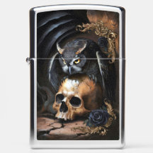 Baroque Owl with Skull and Black Roses