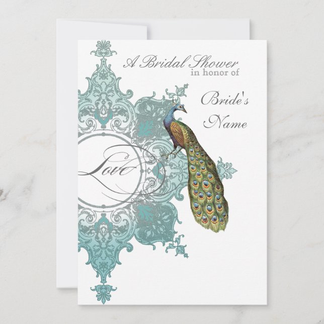 Baroque Peacock Bridal Shower Invite - Aqua Blue (Front)