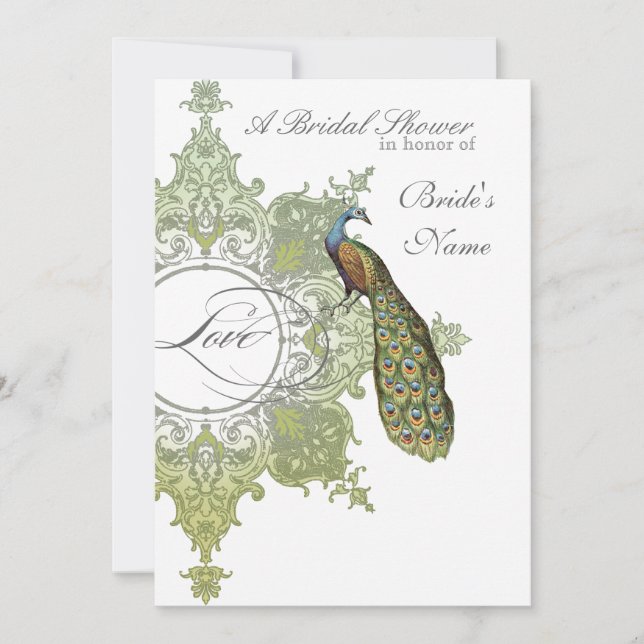 Baroque Peacock Bridal Shower Invite - Olive Lime (Front)