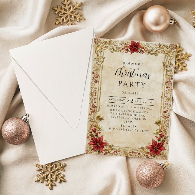 Baroque Poinsettia Elegance Christmas Invitation (Creator Uploaded)